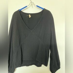 Nation washed black V neck top with puff sleeve